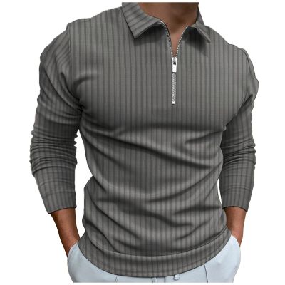 XUETON Mens Long Sleeve Polo Shirts Big and Tall Muscle Golf Tennis T-Shirts Zip Up V Neck Striped Tees Casual Summer Tops(Grey,Large)