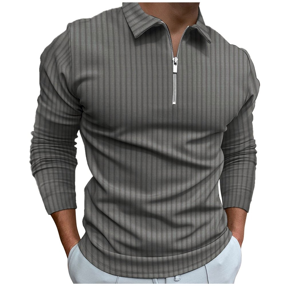 XUETON Mens Long Sleeve Polo Shirts Big and Tall Muscle Golf Tennis T-Shirts Zip Up V Neck Striped Tees Casual Summer Tops(Grey,Large)