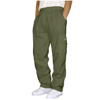 Men's Heavyweight Fleece Cargo Sweatpants Elastic Waist Drawstring Athletic Trousers Casual Baggy Jogger Pants with Pockets