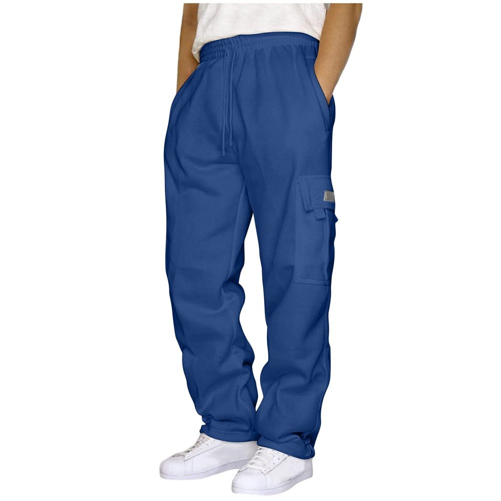 Men's Heavyweight Fleece Cargo Sweatpants Elastic Waist Drawstring Athletic Trousers Casual Baggy Jogger Pants with Pockets