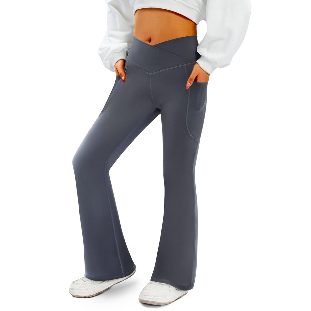 COPYLEAF Women's Flare Yoga Pants with Pockets-V Crossover High Waisted Bootcut Yoga Leggings-Flare Bell Bottom Workout Gym Leggings Gray
