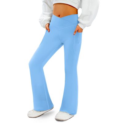 COPYLEAF Women's Flare Yoga Pants with Pockets V Crossover High Waisted Bootcut Yoga Leggings-Flare Bell Bottom Workout Gym Leggings Blue