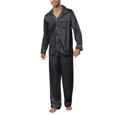 U2SKIIN Mens Silk Pajamas Set, Long Sleeve Satin Pajamas for Men Sleepwear Button Down Pjs Set Two-piece(BLACK,2XL)