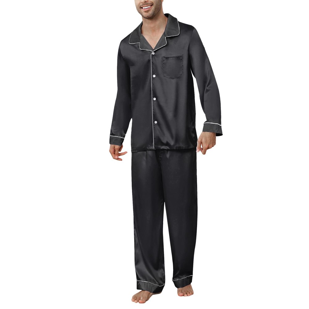 U2SKIIN Mens Silk Pajamas Set, Long Sleeve Satin Pajamas for Men Sleepwear Button Down Pjs Set Two-piece(BLACK,2XL)