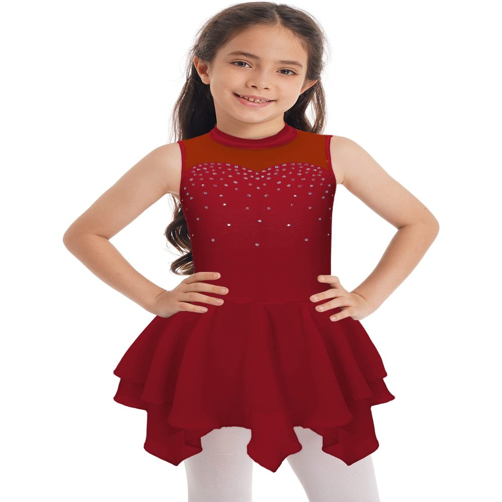 FEESHOW Girls Kids Sequins Sleeveless Figure Ice Skating Dress Ballerina Performance Modern Ballet Lyrical Dress Burgundy 16 Years