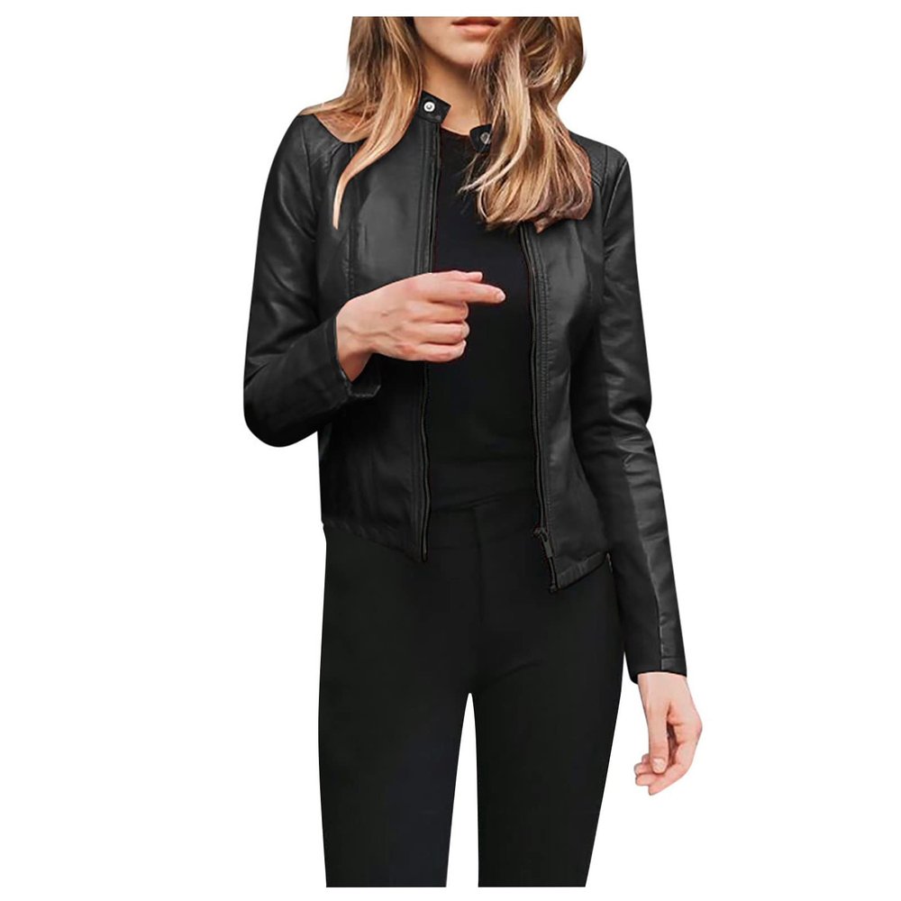 DASEIS Pu Moto Biker Outwear, Long Sleeve Fashion Coats Teen Girls Winter Beach Short Lightweight Fitted Crewneck Coats Solid Color Zip Up Faux Leather Coat for Women Black