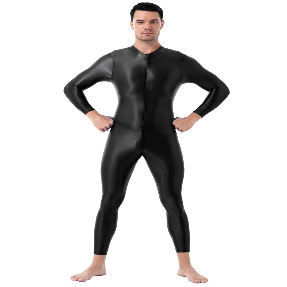 Loloda Mens Turtleneck Shimmery Smooth Long Sleeve Unitard Bodysuit Jumpsuit Dancewear Clubwear Black One Size