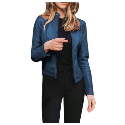 DASEIS Faux Leather Bomber Jacket, Work Short Long Sleeve Coats Women Classic Winter Fit Scoop Neck Overcoat Solid Zip Faux Leather Light Coats for Women Royal Blue