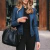 DASEIS Faux Leather Bomber Jacket, Work Short Long Sleeve Coats Women Classic Winter Fit Scoop Neck Overcoat Solid Zip Faux Leather Light Coats for Women Royal Blue view 2