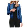 DASEIS Zip Up Motorcycle Short Coat, Long Sleeve Trendy Autumn Overcoat for Women Work Plus Size Faux Leather Light Jackets Fit Crew Neck Solid Zip Jacket for Ladies Blue view 1