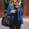 DASEIS Zip Up Motorcycle Short Coat, Long Sleeve Trendy Autumn Overcoat for Women Work Plus Size Faux Leather Light Jackets Fit Crew Neck Solid Zip Jacket for Ladies Blue view 2