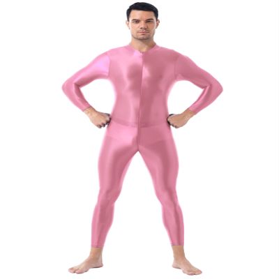 Loloda Mens Turtleneck Shimmery Smooth Long Sleeve Unitard Bodysuit Jumpsuit Dancewear Clubwear Pink One Size