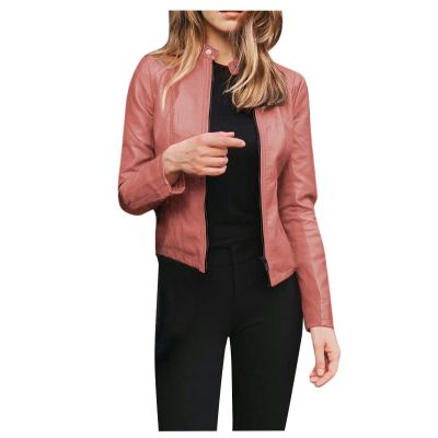 DASEIS Zip Up Faux Leather Bomber Coats, Park Plus Size Long-Sleeved Jacket for Women Hip Fall Lightweight Fit Scoop Neck Coats Solid Color Zip-Up Faux Leather Outerwear Woman Pink