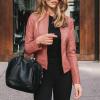 DASEIS Zip Up Faux Leather Bomber Coats, Park Plus Size Long-Sleeved Jacket for Women Hip Fall Lightweight Fit Scoop Neck Coats Solid Color Zip-Up Faux Leather Outerwear Woman Pink view 2
