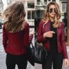 DASEIS Pu Moto Biker Outwear, Work Coats Women Crop Long Sleeve Classic Winter Zip Leather Coat Lightweight Fit Round Neck Solid Coats Teen Girls Wine view 2