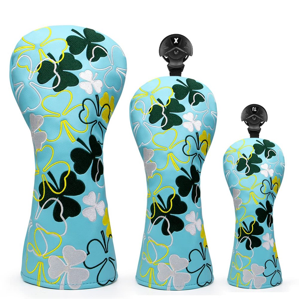 Lucky Shamrock Golf Driver Headcover, Fairway Wood Head Cover, Hybrid/Rescue Headcover, Golf Club Covers for Driver and Woods, Hybrids, Synthetic Leather Golf Wood Head Covers Set