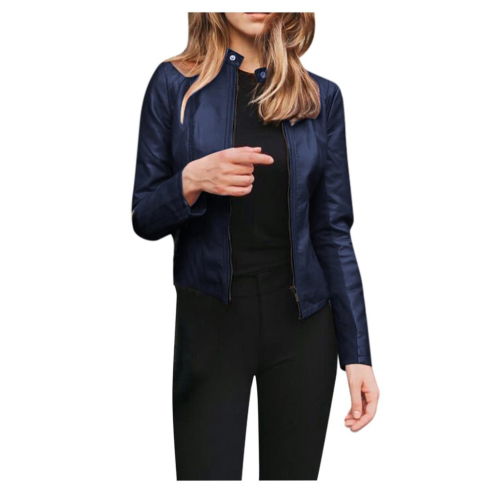 DASEIS Zip Up Faux Leather Bomber Coats, Stylish Coats for Womens Fall Outdoor Oversized Long Sleeve Faux Leather Coats Lightweight Fit Scoop Neck Solid Zip-Up Coats Ladies Navy