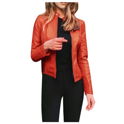 DASEIS Corp Leather Jacket, Classic Coat Women Fall Park Short Long Sleeve Crew-Neck Solid Color Jackets Zip Up Faux Fur Lightweight Fitted Jacket for Women Orange