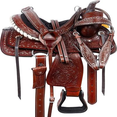 SHOWMEN CRAFT Barrel Racer Show Trail Riding Tooled Leather Western Saddle Tack Horse and Pony Size 14 Inches Seat