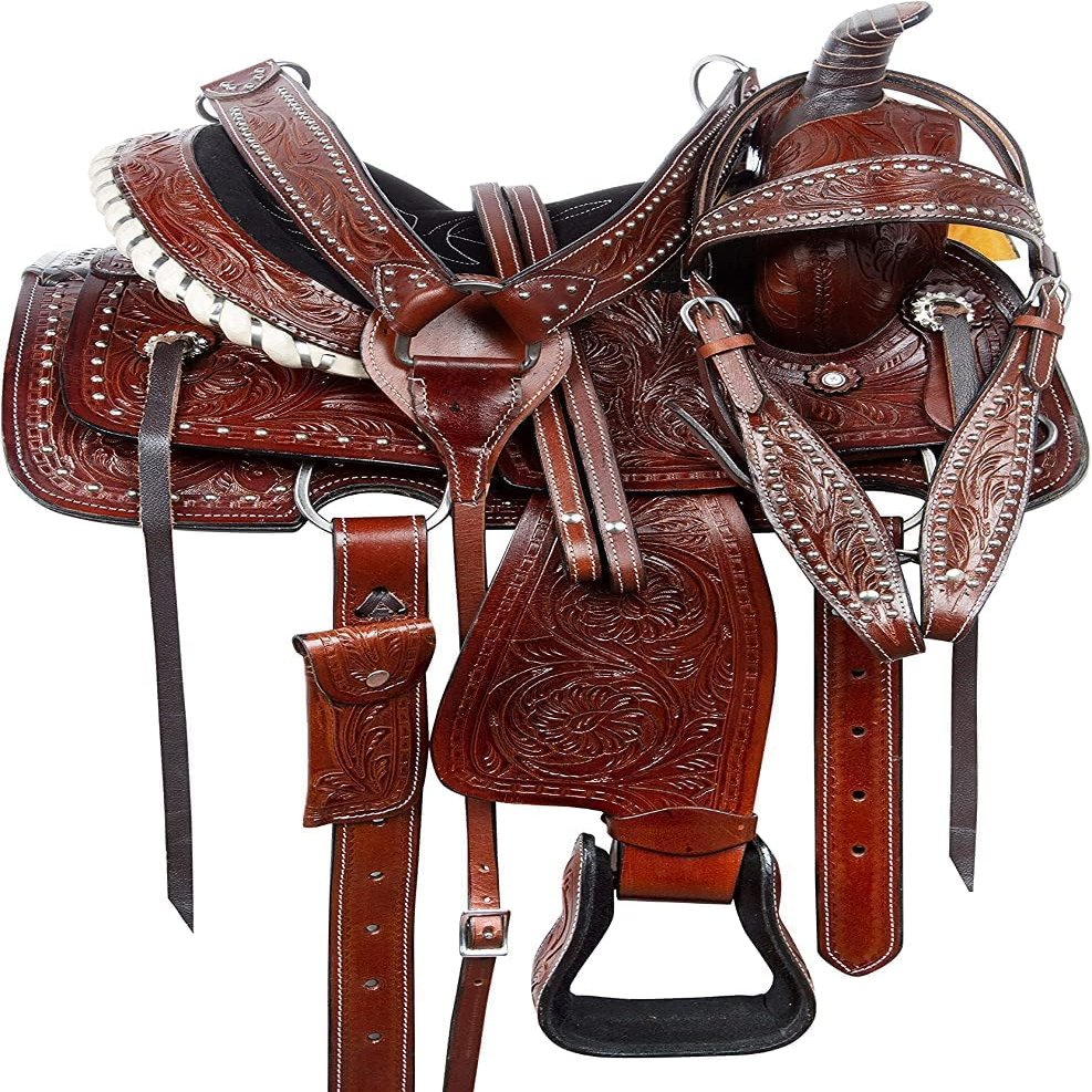 SHOWMEN CRAFT Barrel Racer Show Trail Riding Tooled Leather Western Saddle Tack Horse and Pony Size 14 Inches Seat