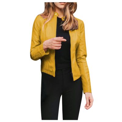 DASEIS Motorcycle Bike Faux Leather Coat, Oversize Jackets Women Long Sleeve Classic Winter Camping Scoop Neck Overcoat Solid Zip Up Leather Lightweight Fit Coats Ladies Yellow