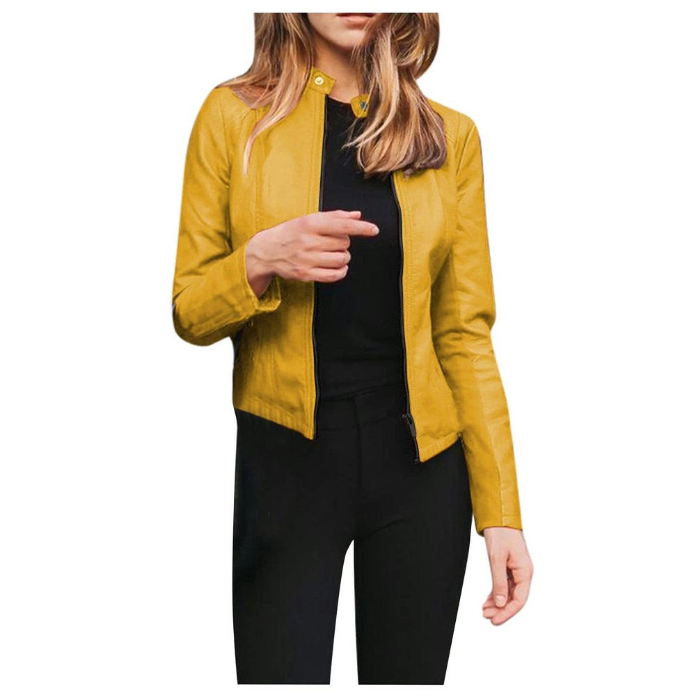 DASEIS Motorcycle Bike Faux Leather Coat, Oversize Jackets Women Long Sleeve Classic Winter Camping Scoop Neck Overcoat Solid Zip Up Leather Lightweight Fit Coats Ladies Yellow