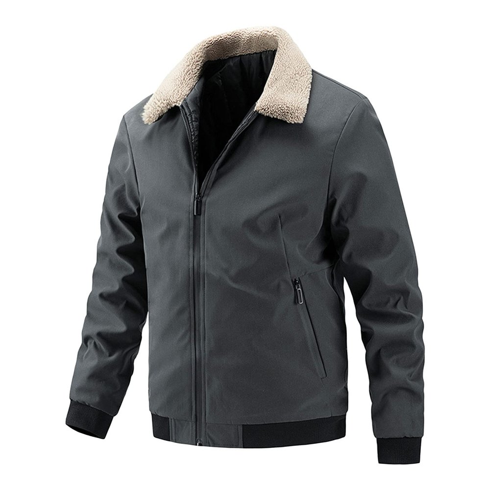 Maiyifu-GJ Men's Faux Fur Collar Bomber Jacket Winter Warm Zipper Lapel Vintage Coat Lightweight Thermal Trucker Coats (Grey,Medium)