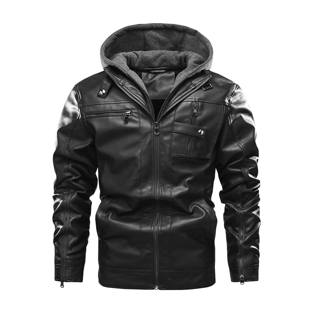 JEsilunmaMY Men's Multi-Pocket Leather Jacket Zip Motorcycle Cotton Coat with Detachable Hood Winter Outdoor Biker Outwear (Black,Large)