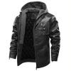 JEsilunmaMY Men's Multi-Pocket Leather Jacket Zip Motorcycle Cotton Coat with Detachable Hood Winter Outdoor Biker Outwear (Black,Large) view 2