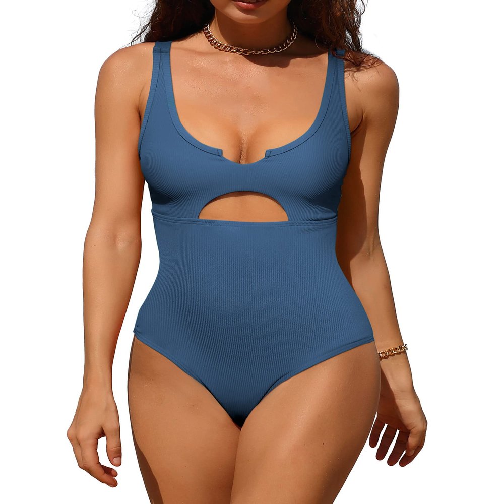 Charmo Women Ribbed Cutout One Piece Swimsuits Scoop Neck Swimwear High Cut Padded Bathing Suit Blue XL