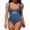 Charmo Women Ribbed Cutout One Piece Swimsuits Scoop Neck Swimwear High Cut Padded Bathing Suit Blue XL view 1
