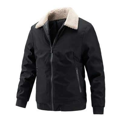 Maiyifu-GJ Men's Faux Fur Collar Bomber Jacket Winter Warm Zipper Lapel Vintage Coat Lightweight Thermal Trucker Coats (Black,XX-Large)