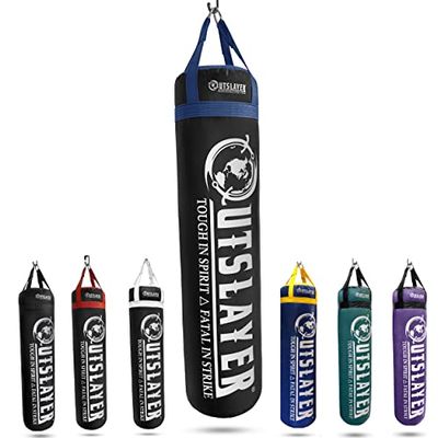Outslayer Filled Punching Bag Boxing Training Practice MMA Heavy Bag 100 Pound Made in USA (Black/Blue, with D-Ring)