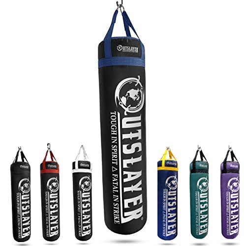 Outslayer Filled Punching Bag Boxing Training Practice MMA Heavy Bag 100 Pound Made in USA (Black/Blue, with D-Ring)