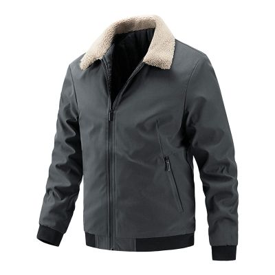 Maiyifu-GJ Men's Faux Fur Collar Bomber Jacket Winter Warm Zipper Lapel Vintage Coat Lightweight Thermal Trucker Coats (Grey,Large)