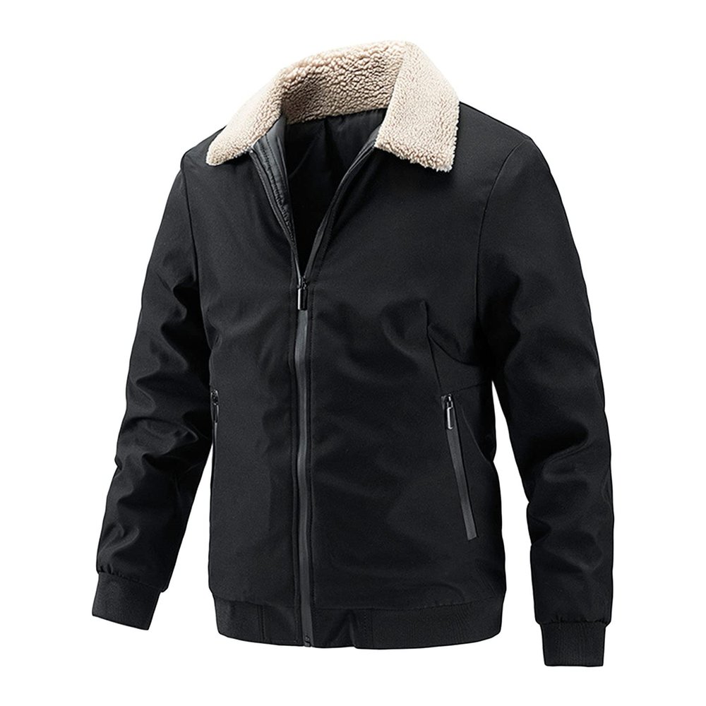Maiyifu-GJ Men's Faux Fur Collar Bomber Jacket Winter Warm Zipper Lapel Vintage Coat Lightweight Thermal Trucker Coats (Black,Large)