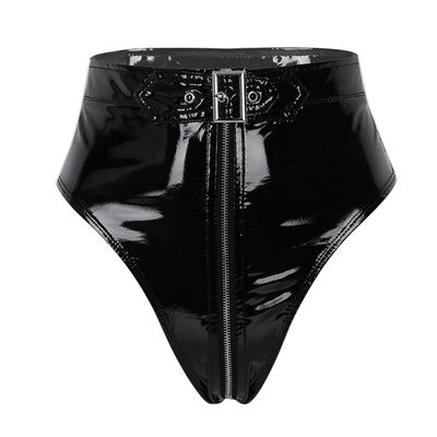 Linjinx Womens Latex High Waist Hollow Out Bandage Zipper Crotch Shorts Adjustable Buckle Bottoms Black A Small