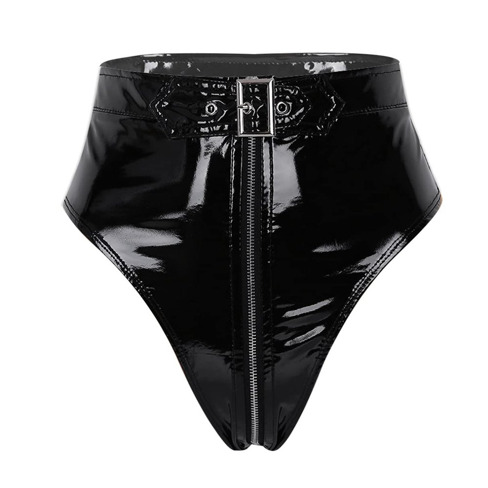 Linjinx Womens Latex High Waist Hollow Out Bandage Zipper Crotch Shorts Adjustable Buckle Bottoms Black A Small