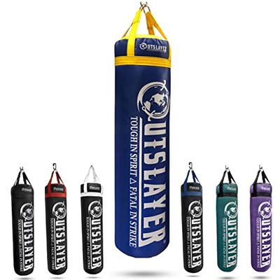 Outslayer Filled Punching Bag Boxing Training Practice MMA Heavy Bag 100 Pound Made in USA (Blue/Yellow, with D-Ring)