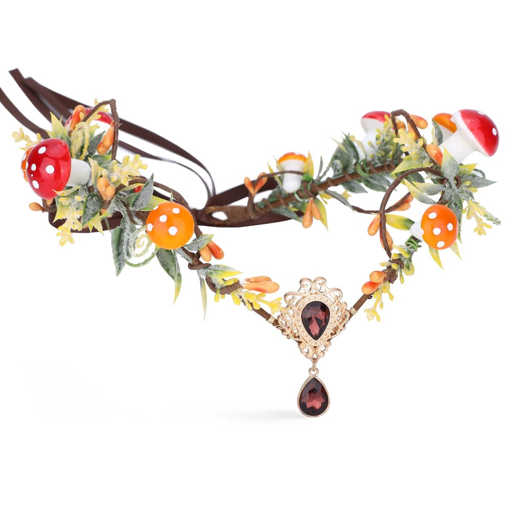 MOSTORY Handmade Woodland Mushroom Crown Flower Headpiece Elf Headband Fairy Tiara for Women s Renaissance Halloween Christmas Cosplay Accessory Orange