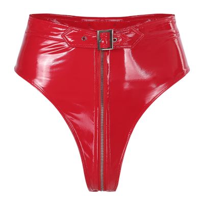 Linjinx Womens Latex High Waist Hollow Out Bandage Zipper Crotch Shorts Adjustable Buckle Bottoms Red A Small