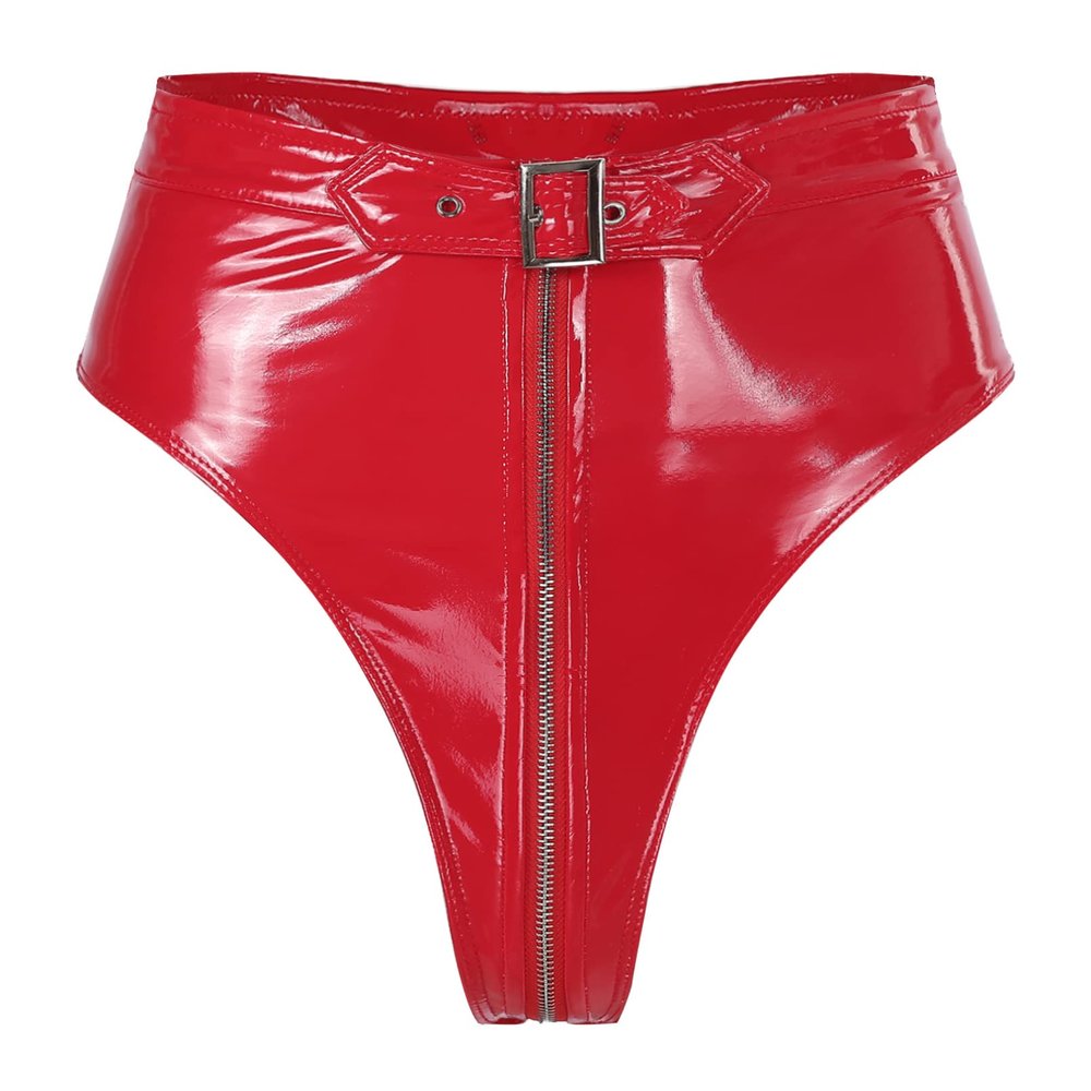 Linjinx Womens Latex High Waist Hollow Out Bandage Zipper Crotch Shorts Adjustable Buckle Bottoms Red A Small