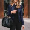 DASEIS Leather Pu Jacket, Winter Work Short Long Sleeve Jacket for Women Casual Lightweight Fit Crewneck Coats Solid Zip Leather Overcoat Lady Navy view 2