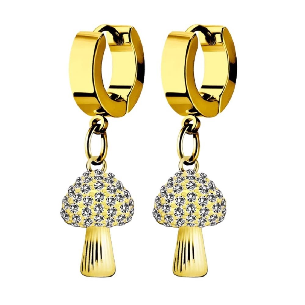 20GA Gold PVD Plated Stainless Steel Crystal Studded Mushrooms Dangling Huggie Hoop Earrings, Sold as a Pair