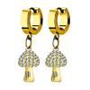 20GA Gold PVD Plated Stainless Steel Crystal Studded Mushrooms Dangling Huggie Hoop Earrings, Sold as a Pair view 1