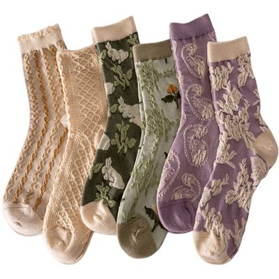 6/12 / 18/24 / 36 Pairs Women Floral Design Socks Jacquard Knit Cute Cottagecore (beige green)
