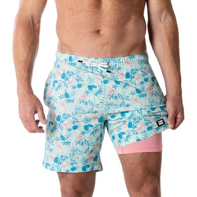 Third Wave Swim Trunks with Compression Liner - Men's Premium 7 Inch Inseam Quick Dry Swim Shorts for Beach and Swimming (Miami Palms 7C M)