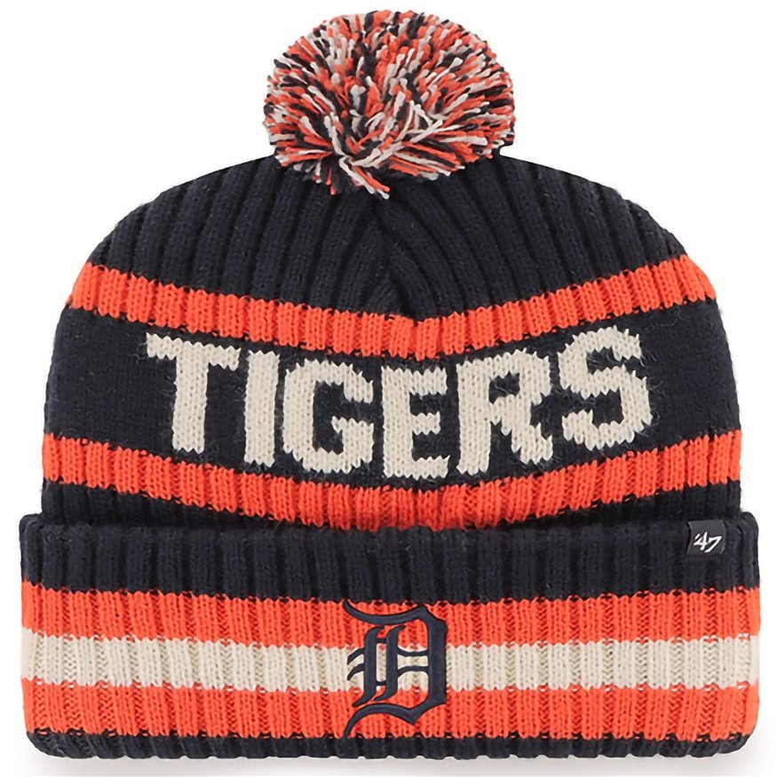 47 MLB Unisex-Adult Officially Licensed Primary Logo Bering Sport Knit Cuffed Pom Beanie Cold Weather Hat - Detroit Tigers Navy