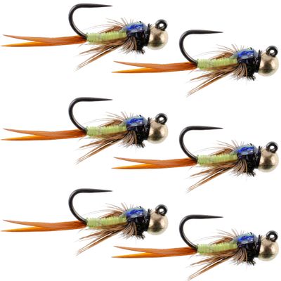 The Fly Fishing Place Barbless Tungsten Bead Tactical Jig Copper John Chartreuse Czech Nymph Euro Nymphing Fly - 6 Flies Size 12