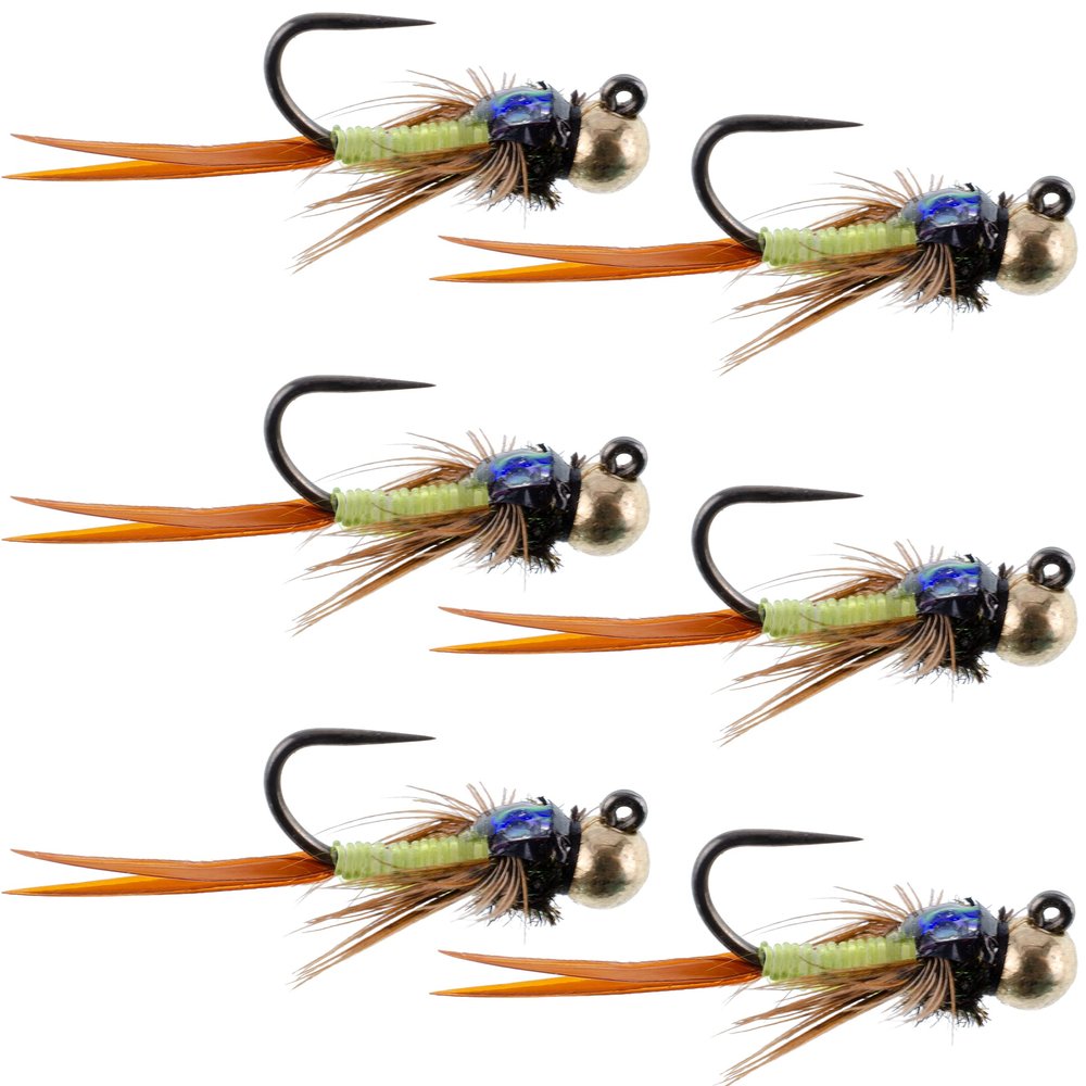 The Fly Fishing Place Tungsten Bead Tactical Jig Copper John Chartreuse Czech Nymph Euro Nymphing Fly - 6 Flies Size 14
